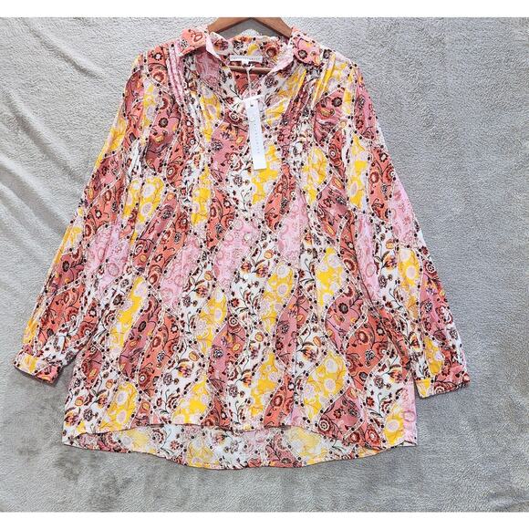 Jane And Delancey Pink Yellow Floral Oversized Button Up Blouse Size Medium NEW - Picture 1 of 10